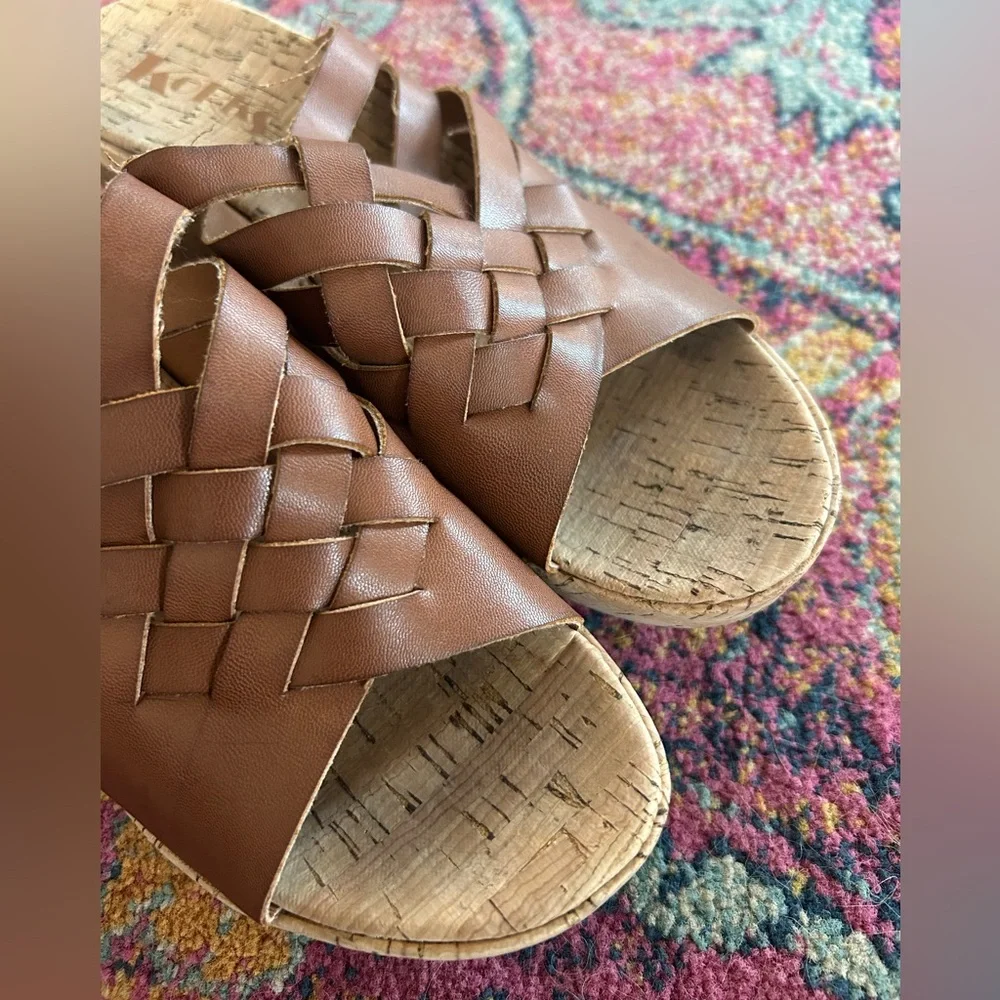 Korks | Women’s Cognac Brown Woven Leather Bridge Strap Slip On Cork Wedges Sz 9